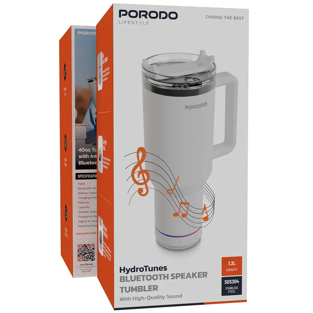 Porodo Lifestyle HydroTunes Bluetooth Speaker Tumbler With High-Quality Sound - PDLFSTBTBK