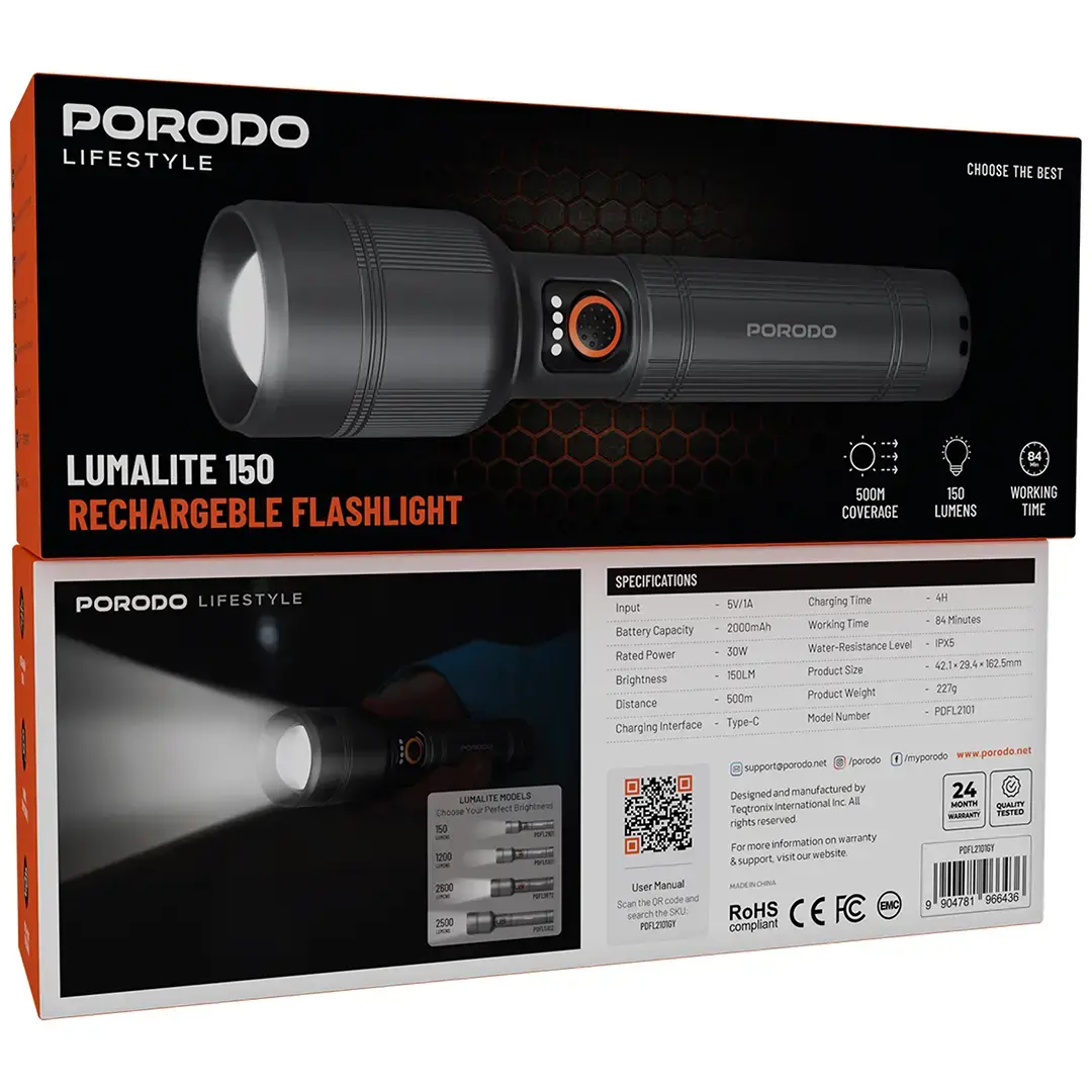 Porodo Lifestyle Lumalite 150 Rechargeable Flashlight - PDFL2101GY