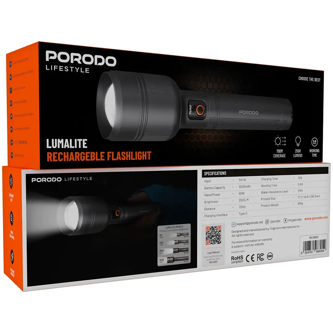Porodo Lifestyle Lumalite 2500 Rechargeable Flashlight - PDFL5102GY