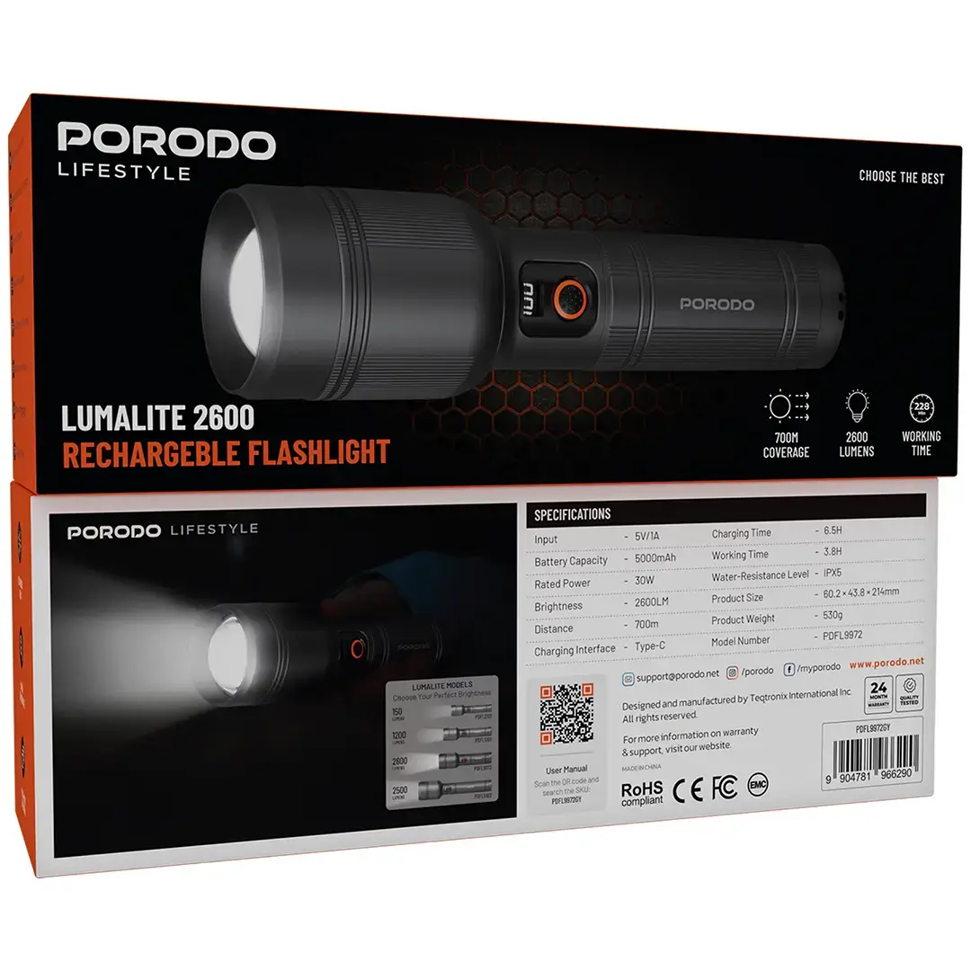 Porodo Lifestyle Lumalite 2600 Rechargeable Flashlight - PDFL9972GY
