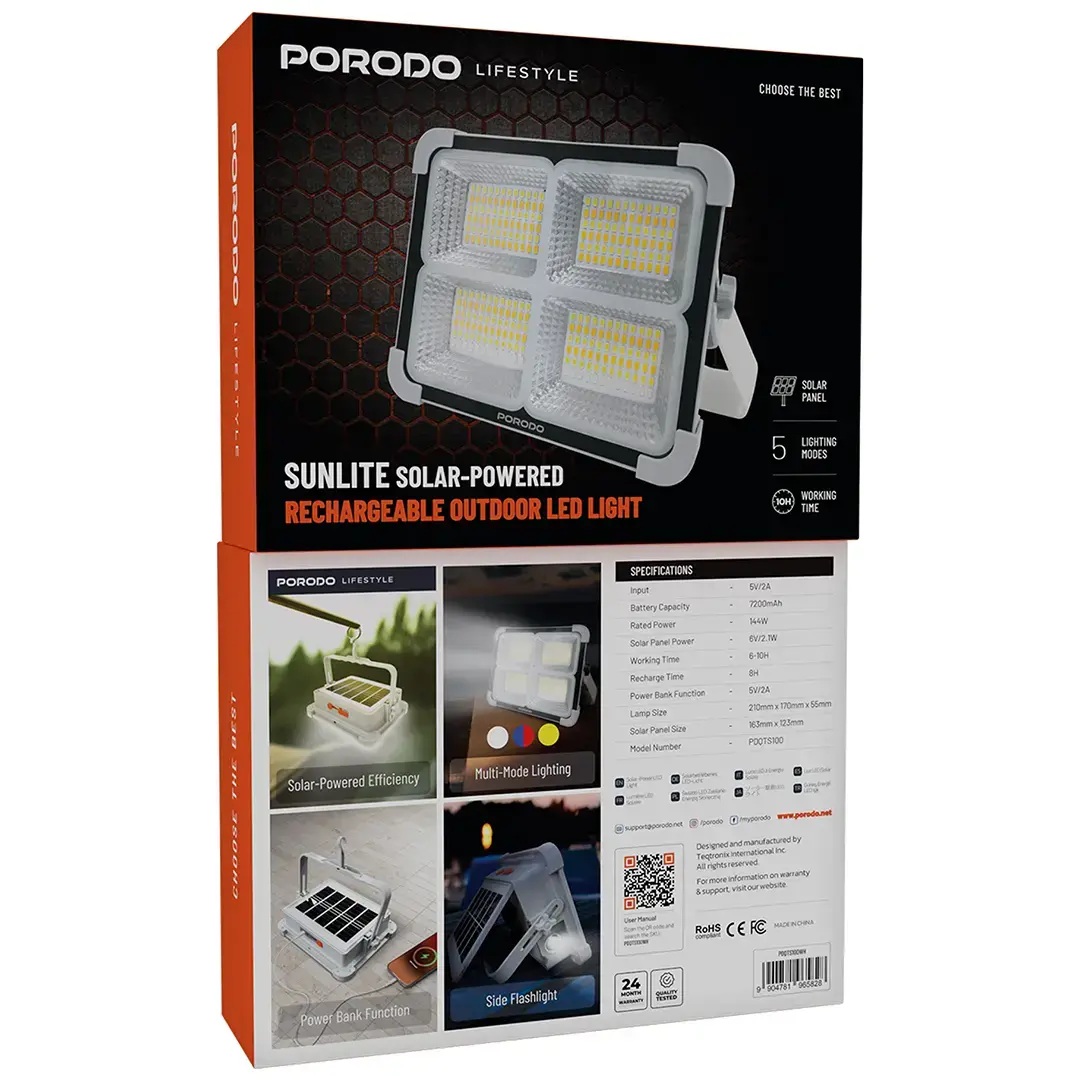 Porodo Lifestyle Sunlite Solar-Powered Rechargeable Outdoor LED Light - PDQTS100WH