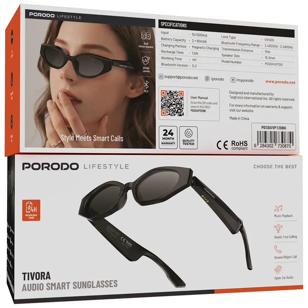 Porodo Lifestyle Tivora Audio Smart Sunglasses - PDSGUVP120BK