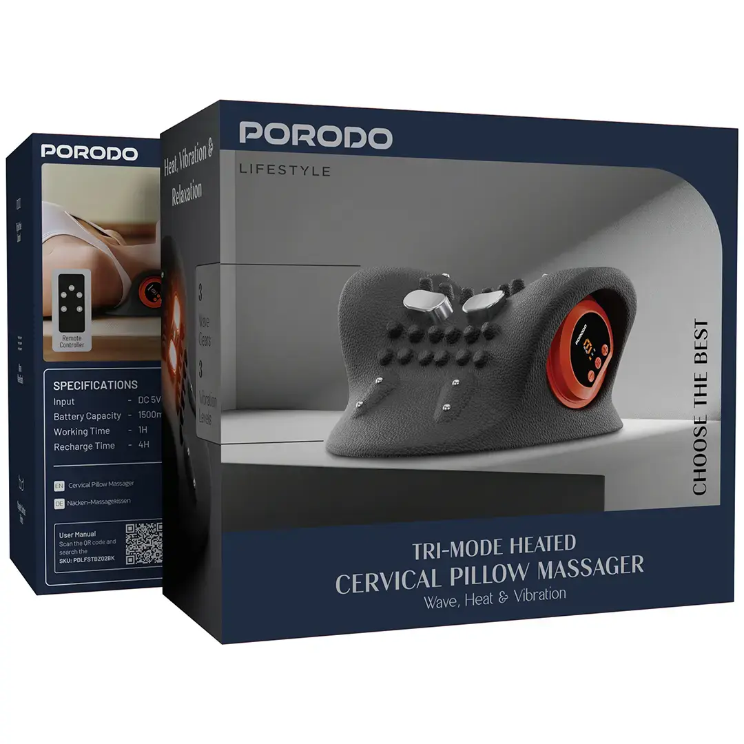 Porodo Lifestyle Tri-Mode Heated Cervical Pillow Massager Wave, Heat & Vibration - PDLFSTBZ02BK