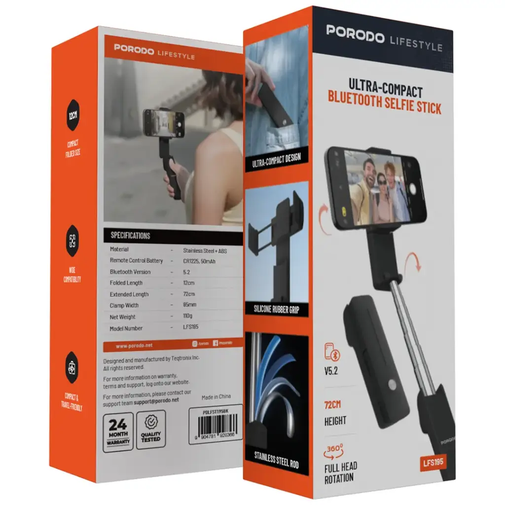 Porodo Lifestyle Ultra-Compact Bluetooth Selfie Stick - PD-LFST195-BK
