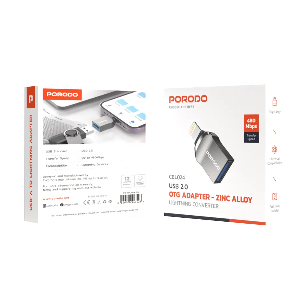 Porodo Lightning OTG Adapter - Zinc Alloy - PDCBL0024BK