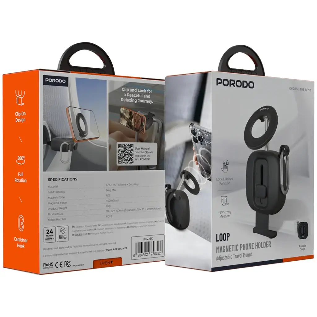 Porodo Loop Magnetic Phone Holder with Adjustable Travel Mount - Black