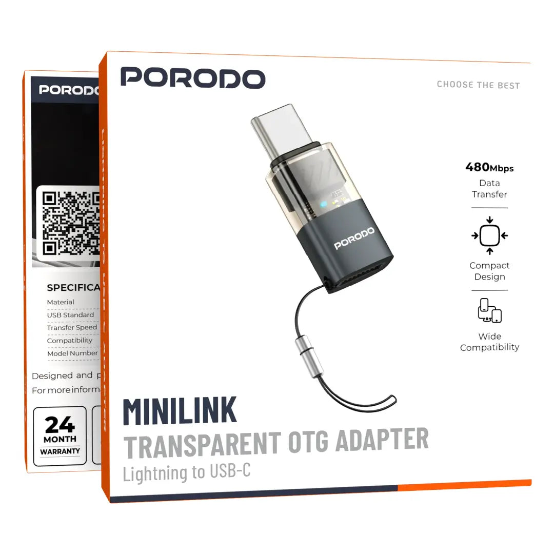 Porodo MiniLink محوّل OTG شفاف من لايتننغ إلى USB-C - رمادي