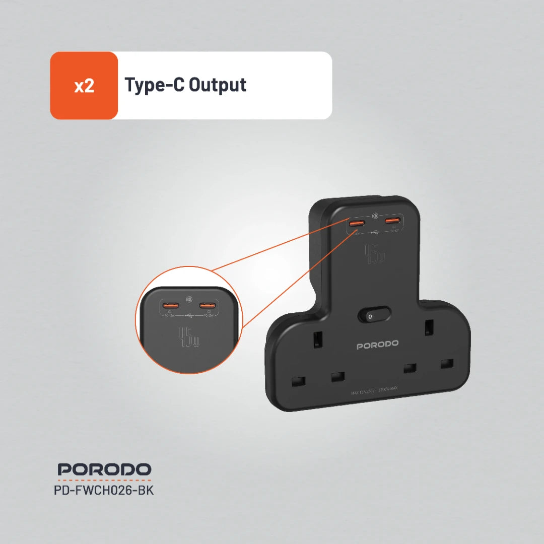 Porodo Multi-Port Wall Socket - PD-FWCH026-BK