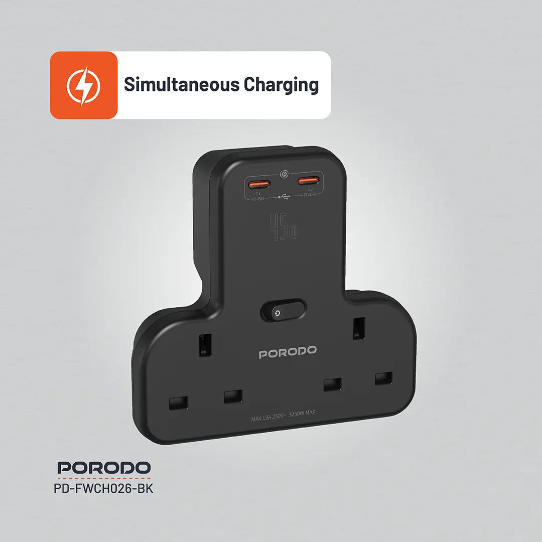 Porodo Multi-Port Wall Socket - PD-FWCH026-BK