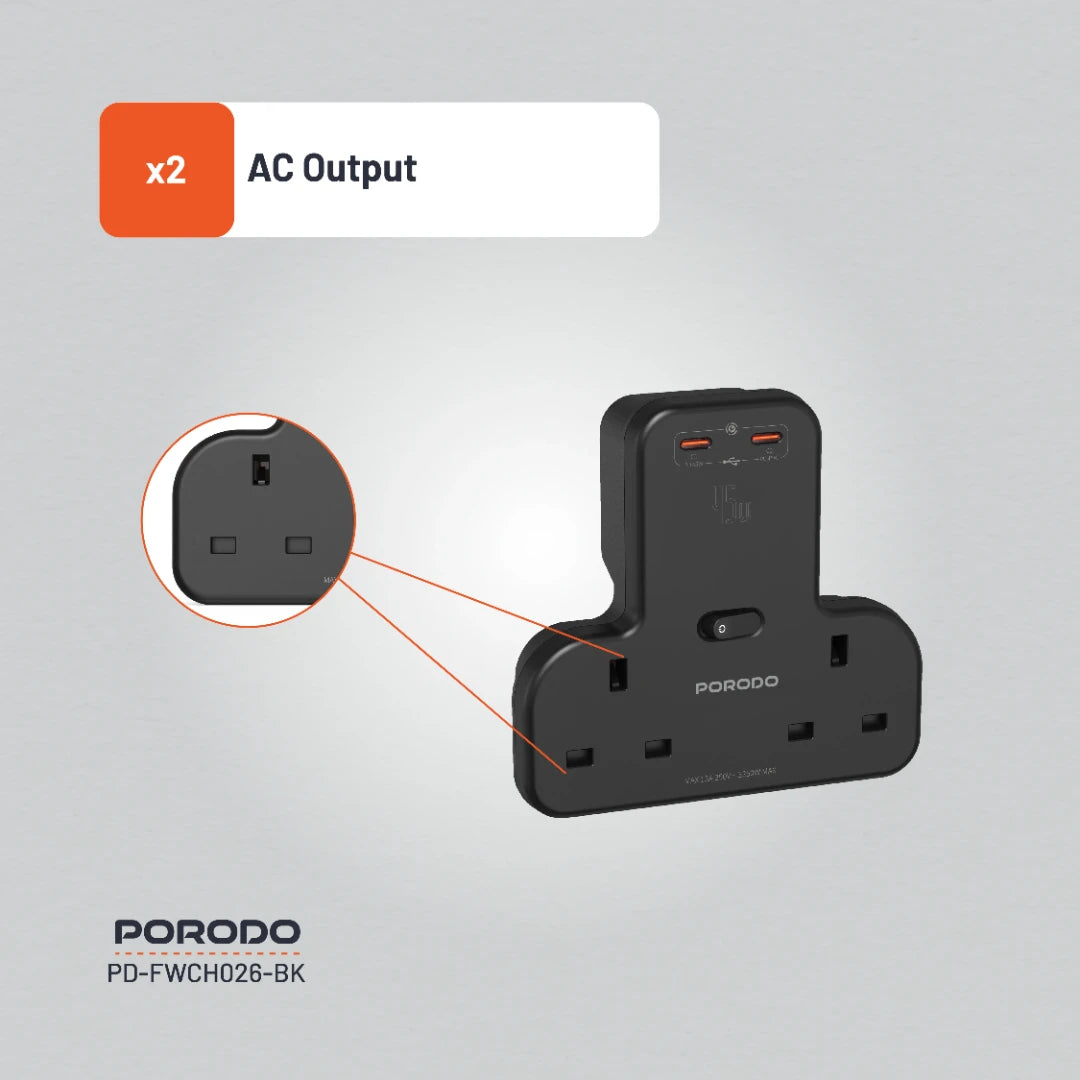 Porodo Multi-Port Wall Socket - PD-FWCH026-BK