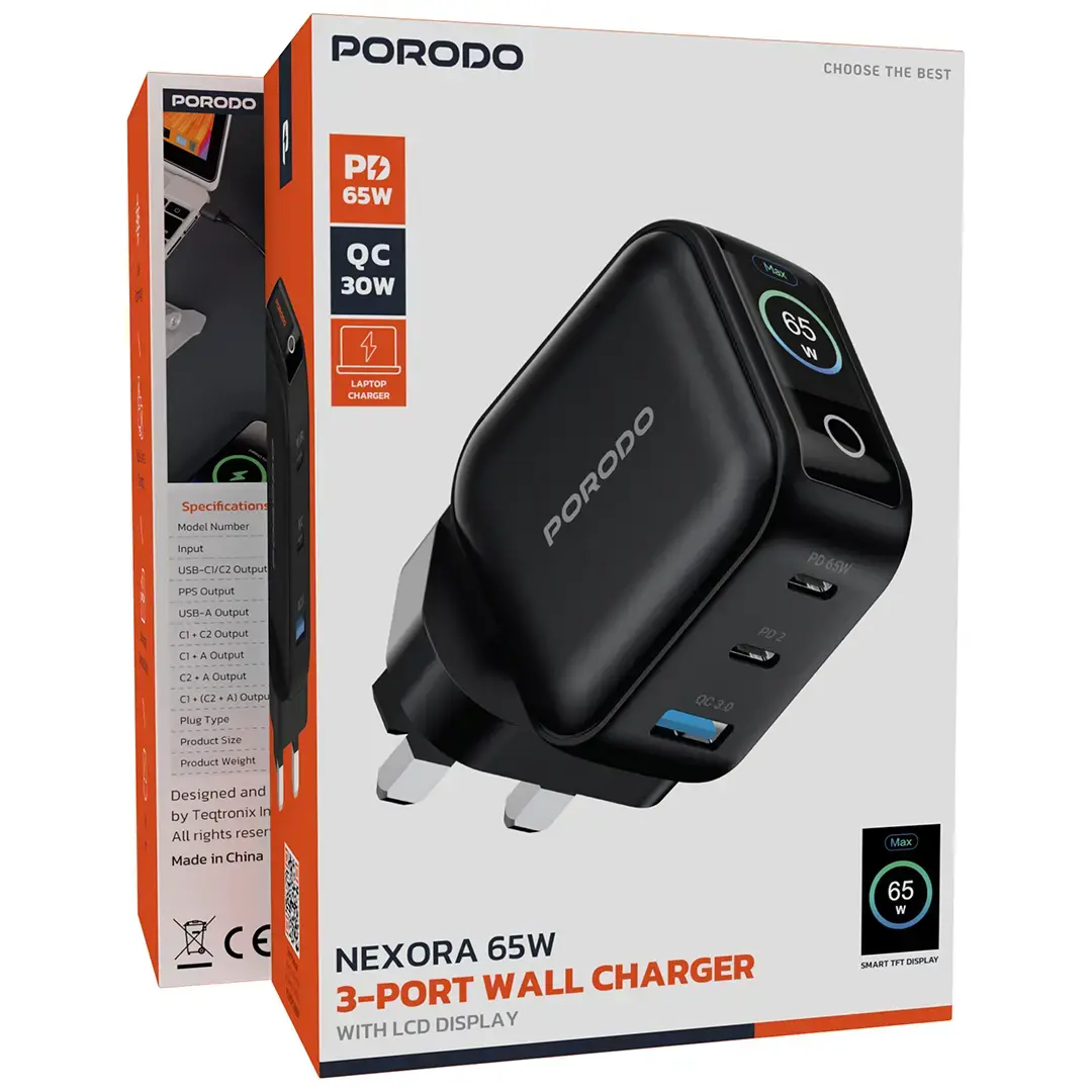 Porodo Nexora 65W 3-Port Wall Charger with LCD Display - PDWCP5265BK