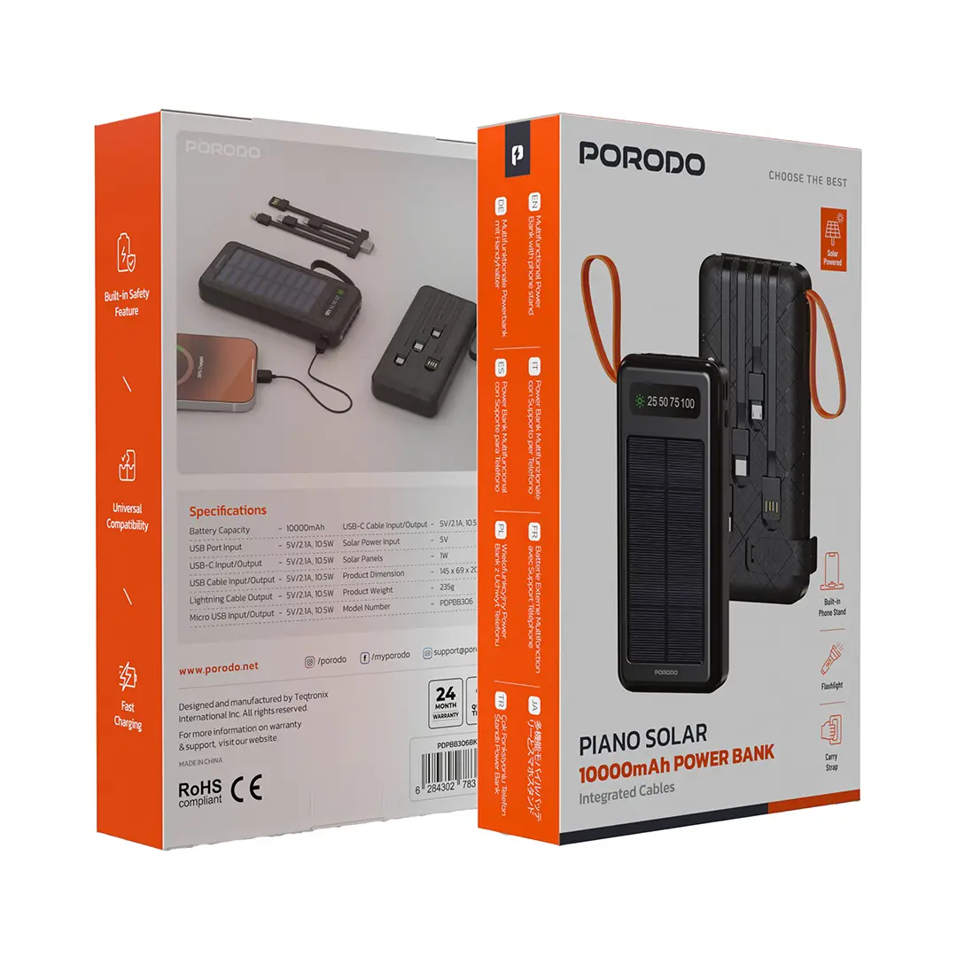 Porodo Piano Solar باور بنك 10000 مللي أمبير بكوابل مدمجة - أسود