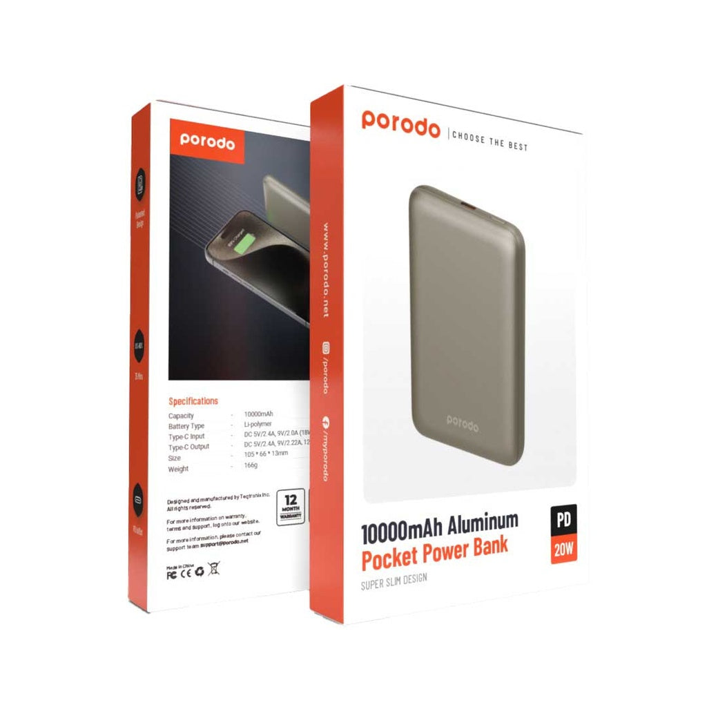 Porodo باور بانك ألومنيوم نحيف 10000 مللي أمبير بقدرة 20 واط PD - رمادي