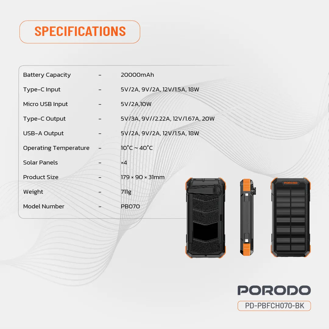 Porodo Power Bank PB070 20000mAh 4-Panel Solar - PDPBFCH070BK