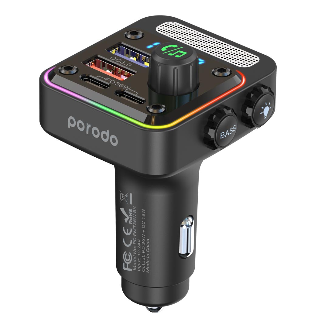 Porodo Quick-Charge FM Car Charger Dual USB-C & USB-A - PDFMT36WBK