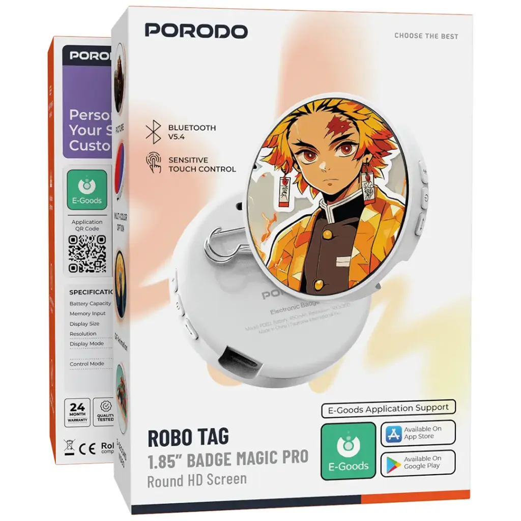 Porodo روبو تاج شارة بادج ماجيك برو 1.85 بوصة بشاشة دائرية HD - أبيض