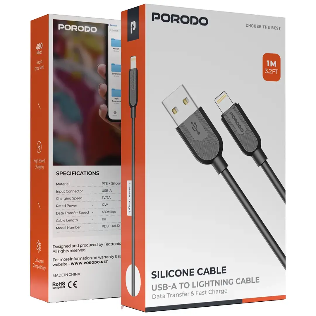Porodo Silicone Cable USB-A To USB-C Cable 12W - PDSCUATC12BK