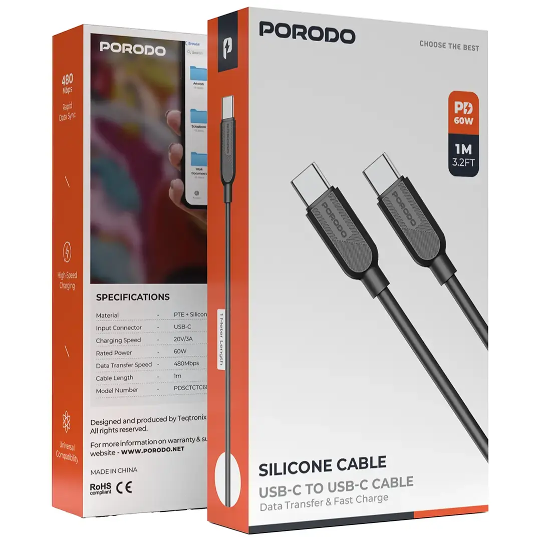 Porodo Silicone Cable USB-C To USB-C Cable 60W - PDSCTCTC60BK