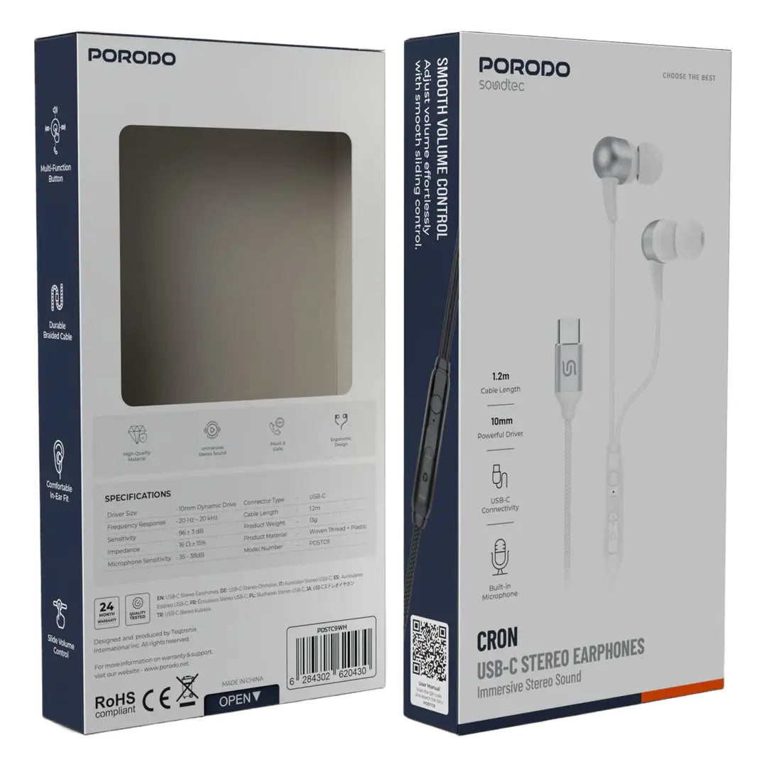 Porodo Soundtec CRON سماعات أذن سلكية ستيريو USB-C - أبيض
