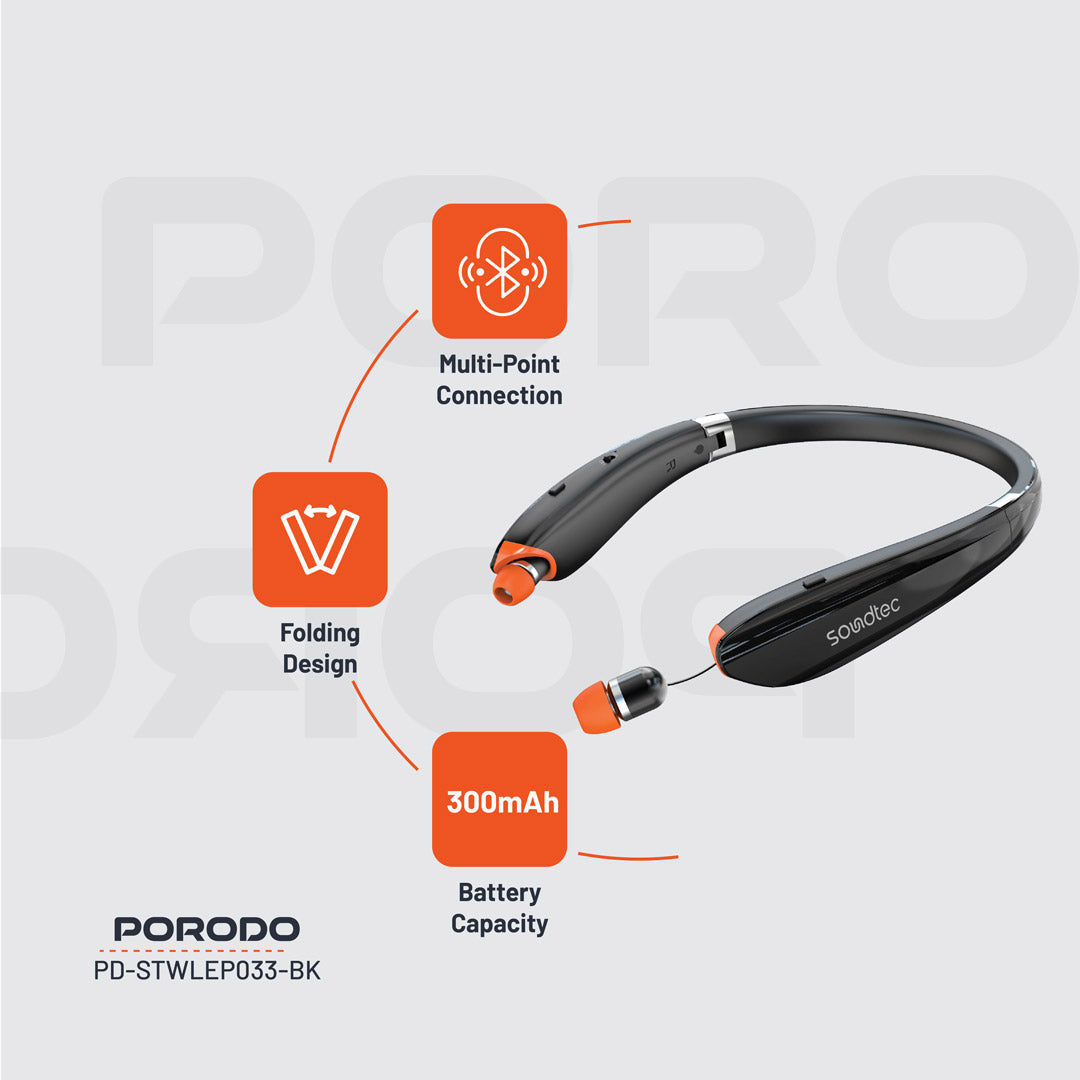 Porodo Soundtec Bluetooth Neck Band with Extendable Earbuds - PD-STWLEP033-BK