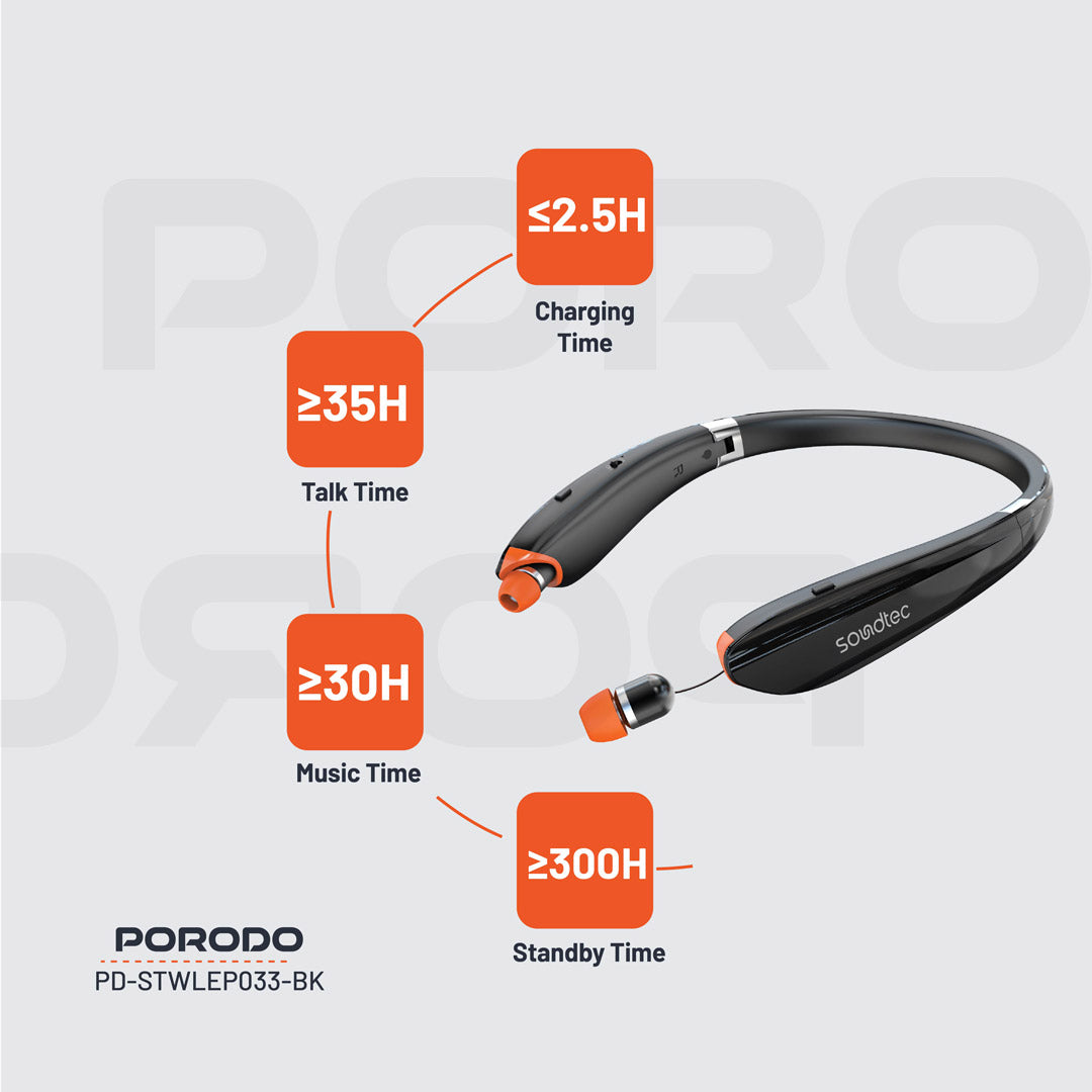 Porodo Soundtec Bluetooth Neck Band with Extendable Earbuds - PD-STWLEP033-BK