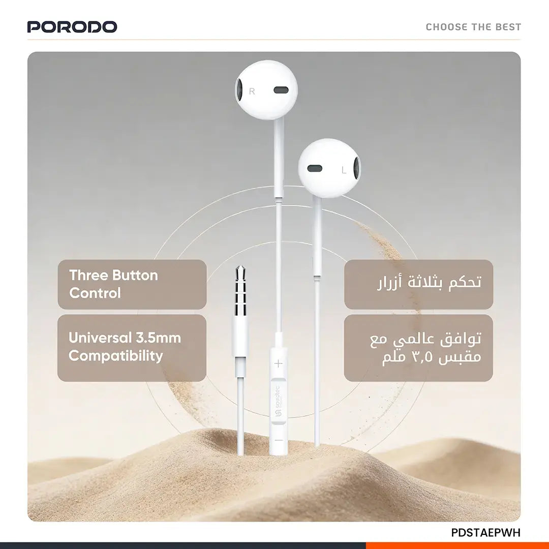 Porodo Soundtec Stereo Earphones With 3.5mm Aux Connector - PD-STAEP-WH