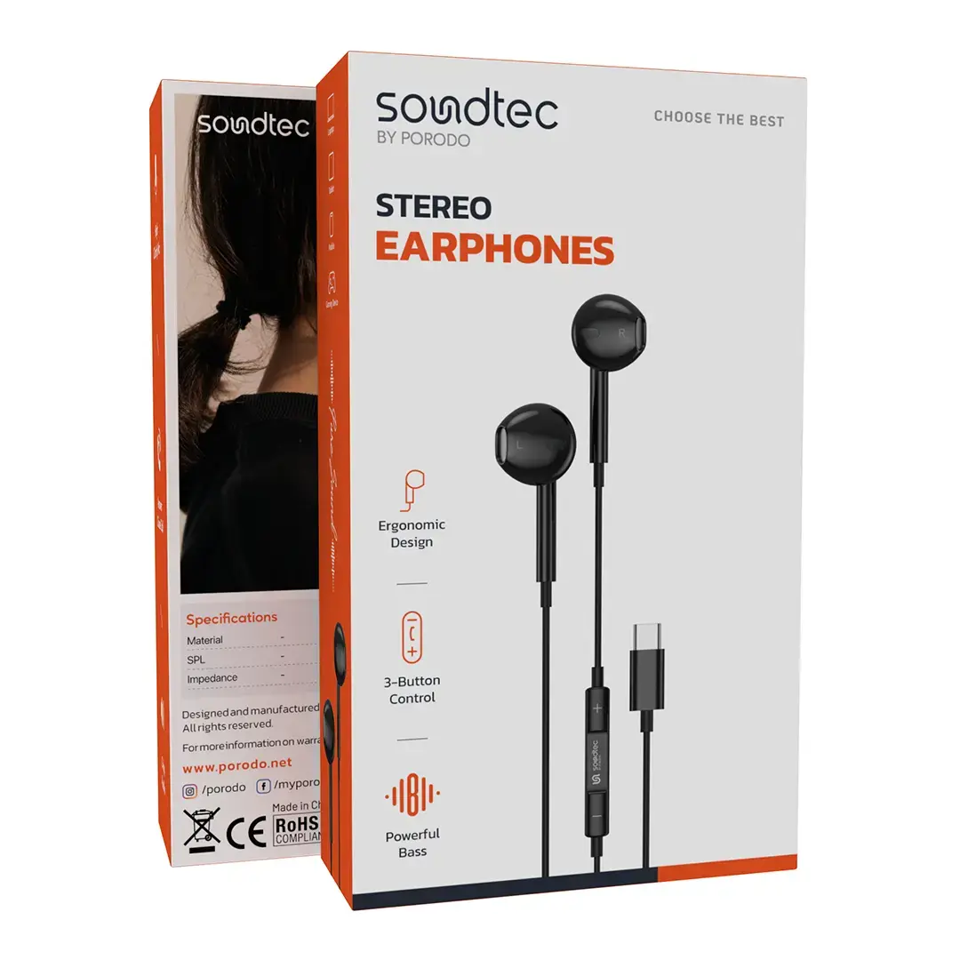 Porodo Soundtec Type-C Stereo Earphone - PD-STCEP-BK