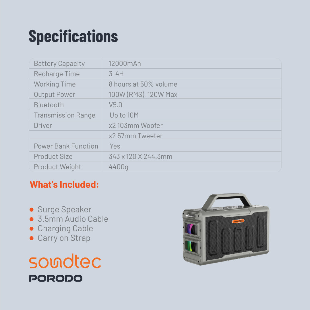 Porodo Soundtec Surge 2.2 Channel Party Speaker - PD-STPS100-BK