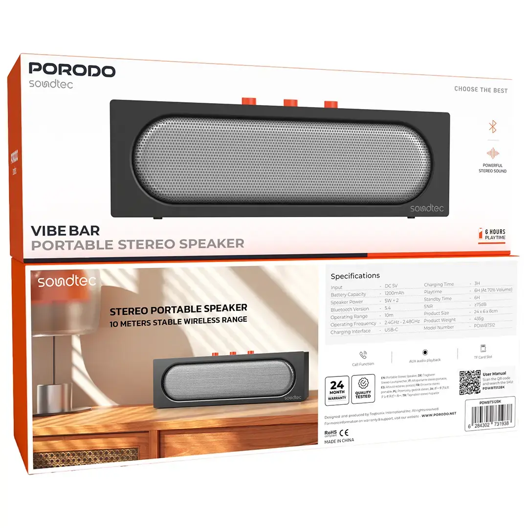 Porodo Soundtec Vibe Bar Portable Stereo Speaker - PDWBT512BK