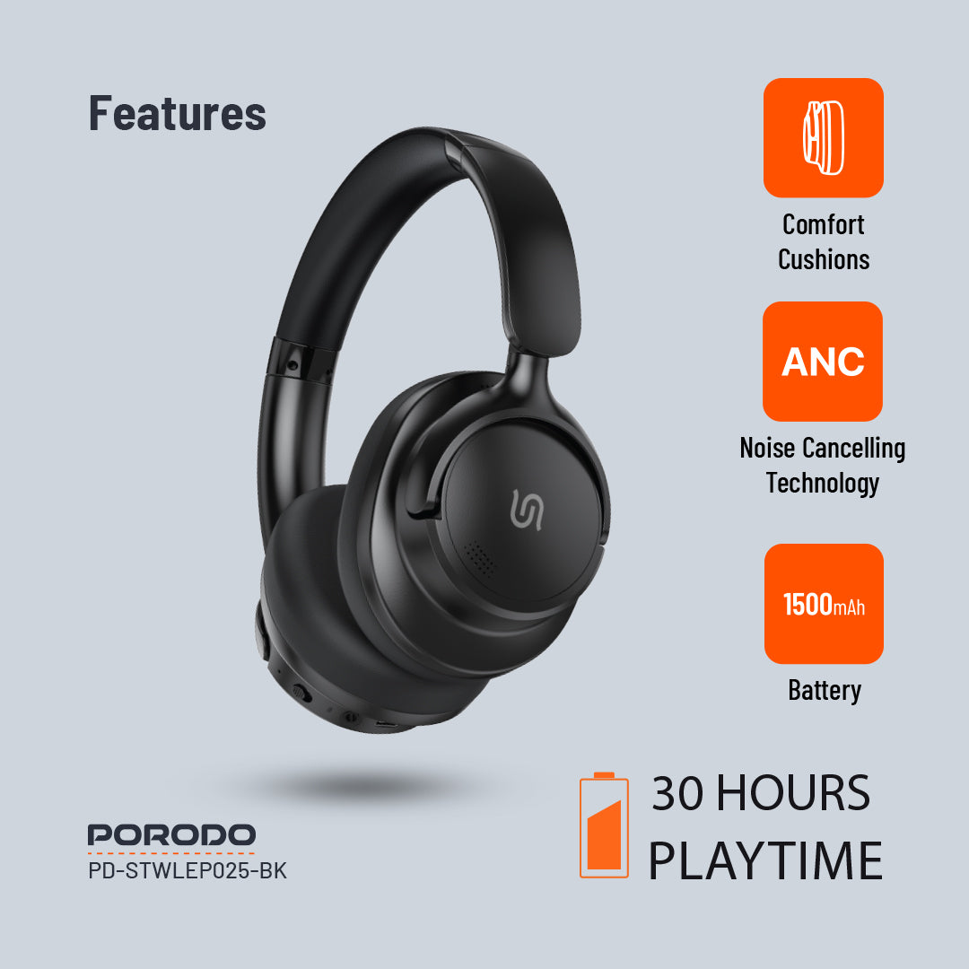 Porodo Soundtec Zen Active Noise-Cancellation Headphone - PD-STWLEP025-BK