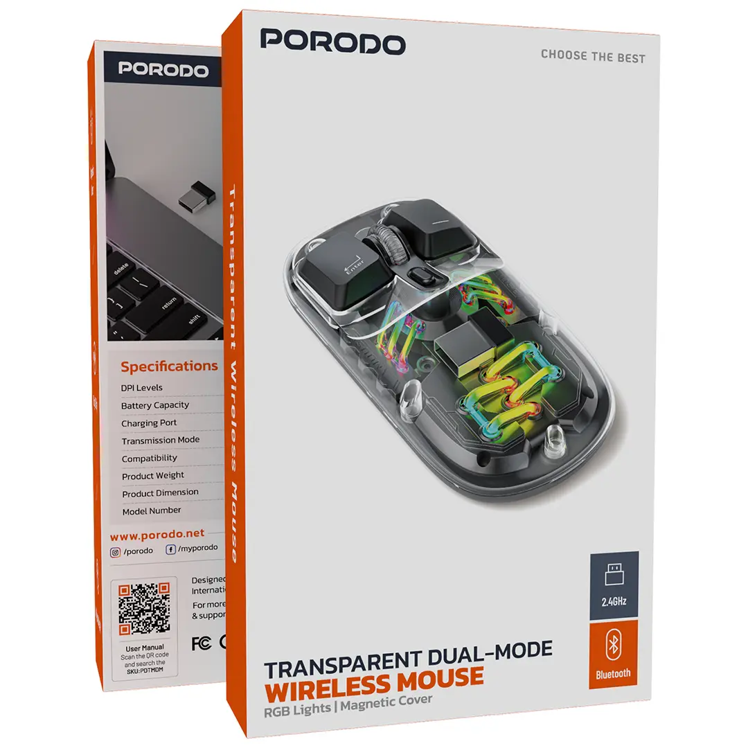 Porodo Transparent Dual-Mode Wireless Mouse RGB Light And Magnetic Cover - PD-TMDM-BK