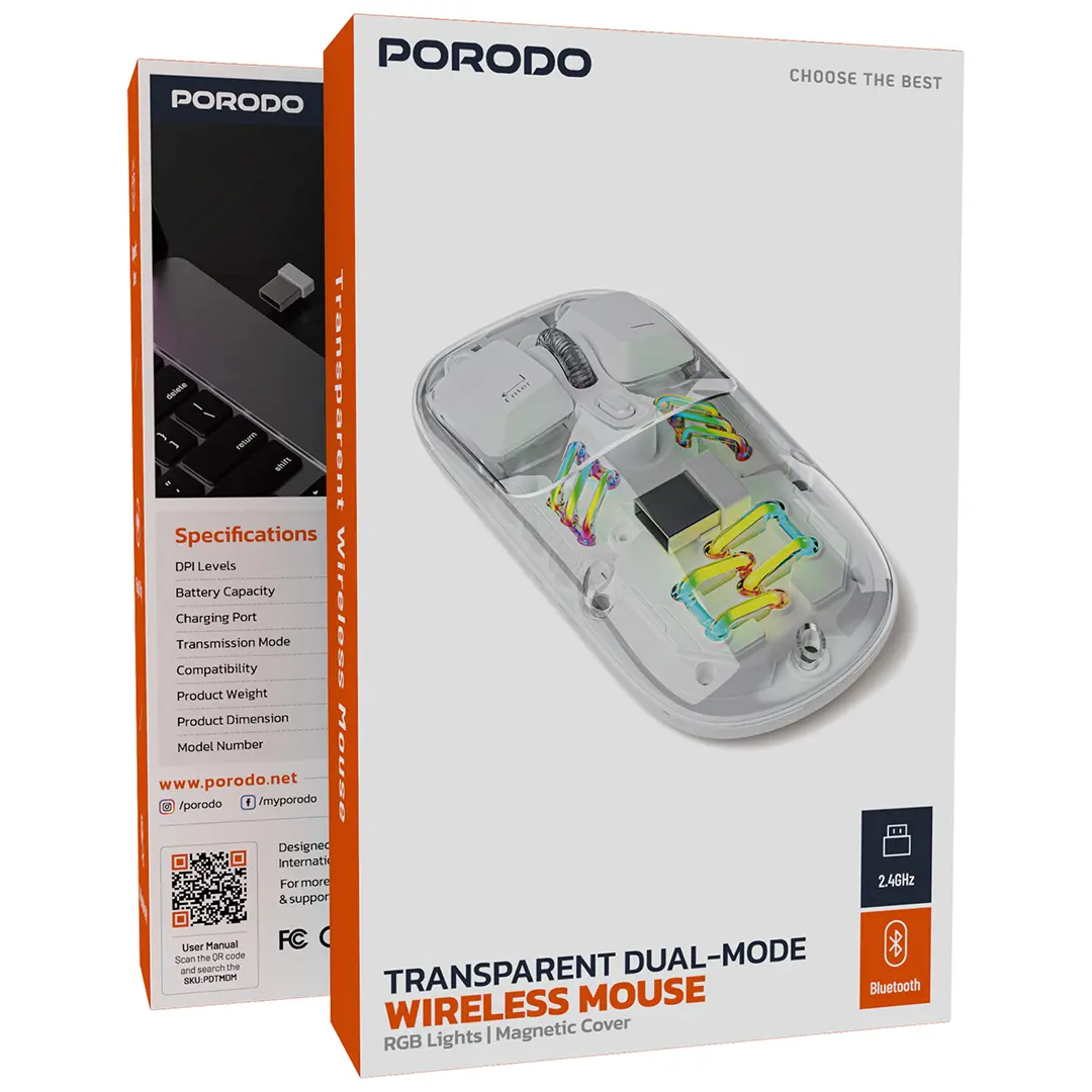 Porodo Transparent Dual-Mode Wireless Mouse RGB Light And Magnetic Cover - PD-TMDM-BK