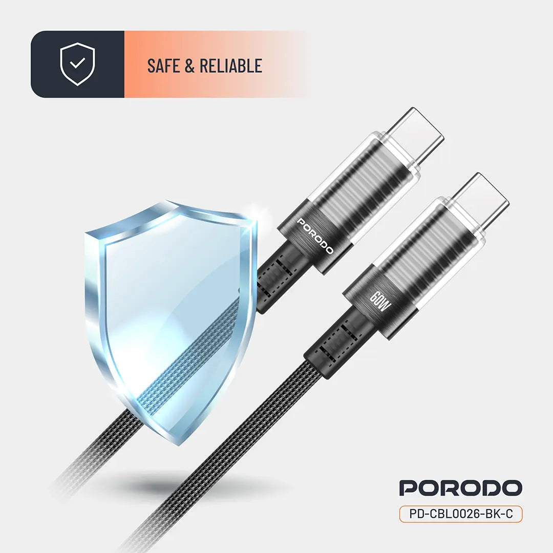 Porodo Transparent Shell USB-C To USB-C Cable - PD-CBL0026-BK-C