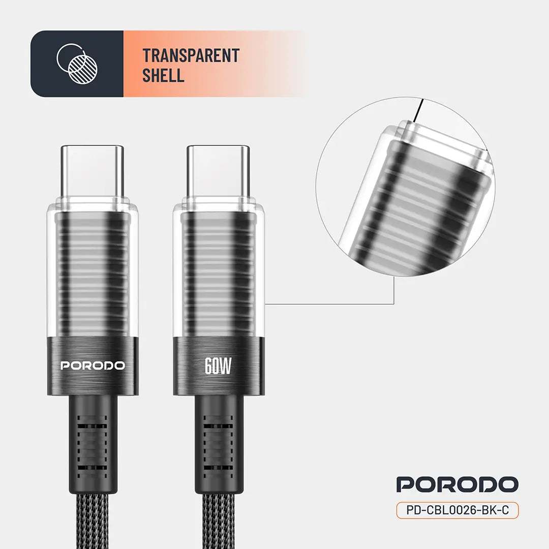 Porodo Transparent Shell USB-C To USB-C Cable - PD-CBL0026-BK-C