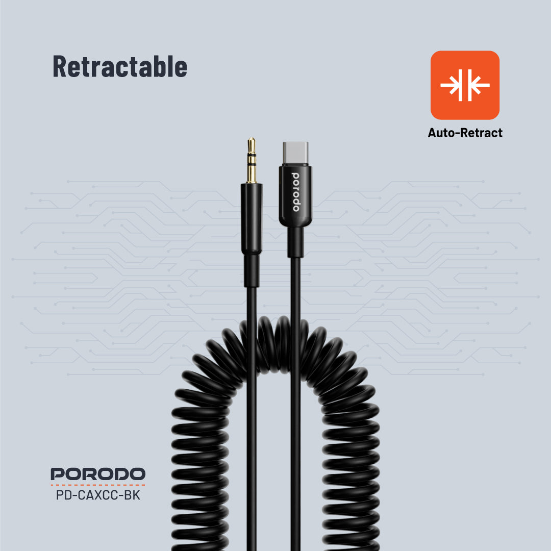Porodo 3.5MM Type-C AUX Coiled Audio Cable Convenient Tangle-Free Design 1.2m/4ft - PDCAXCCBK