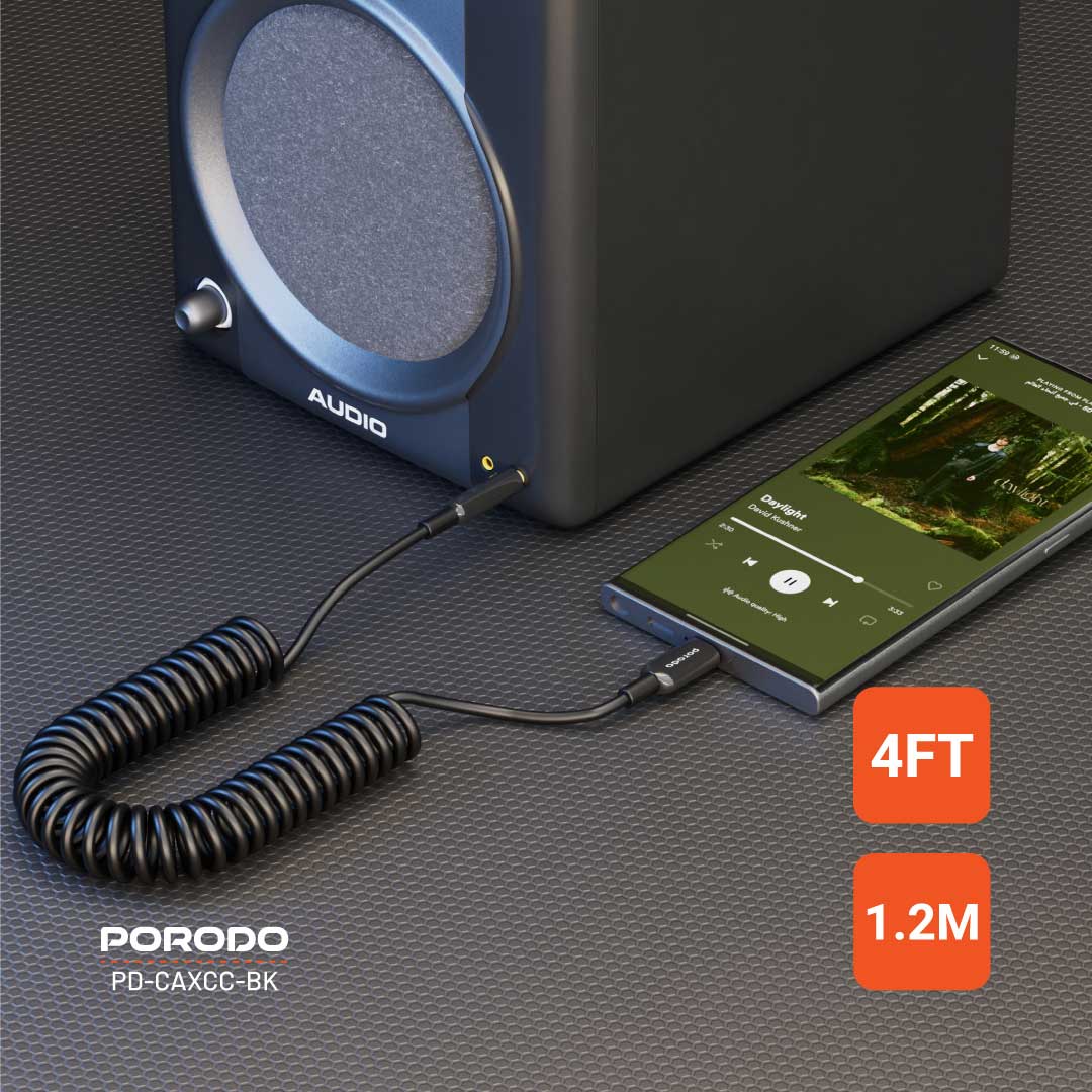 Porodo 3.5MM Type-C AUX Coiled Audio Cable Convenient Tangle-Free Design 1.2m/4ft - PDCAXCCBK