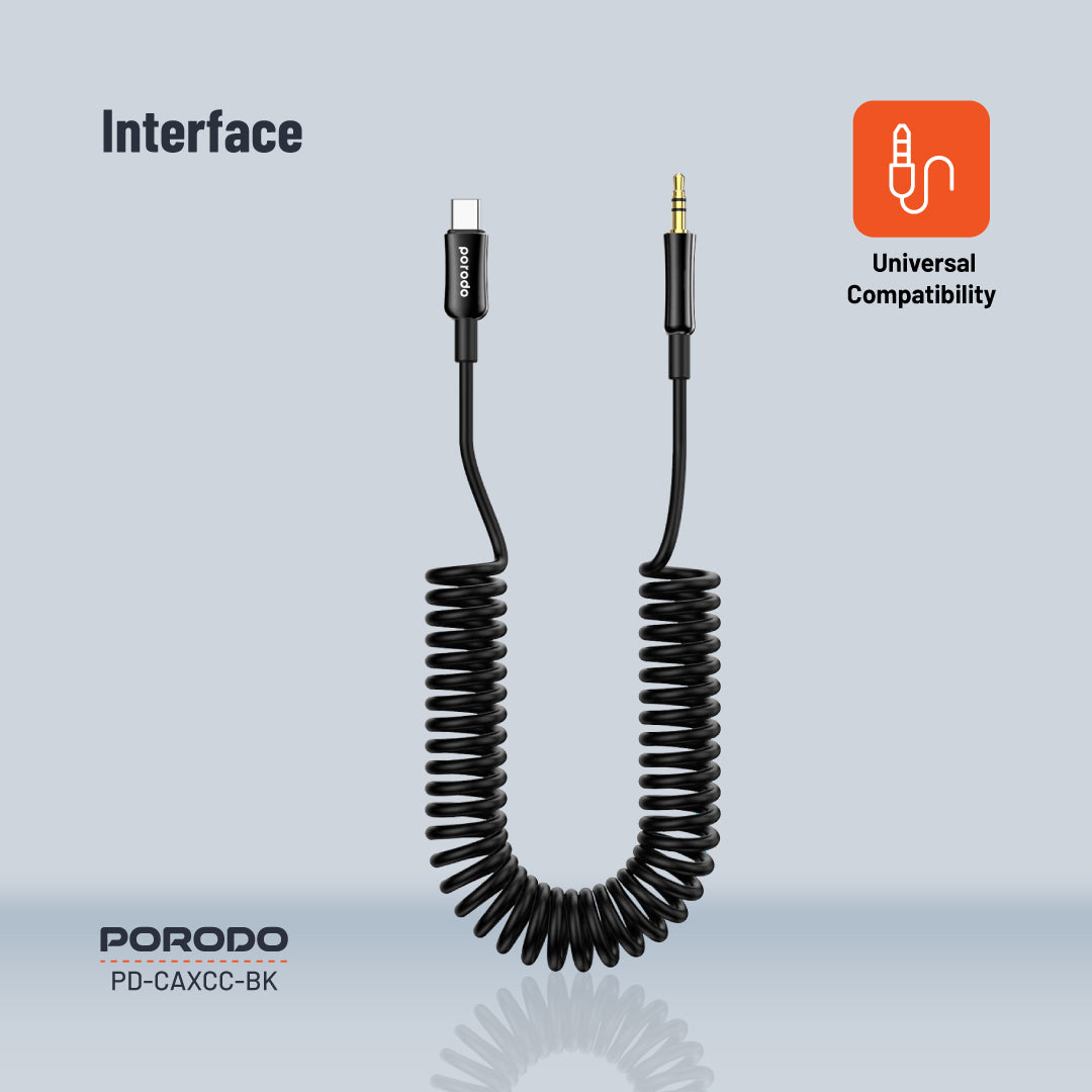 Porodo 3.5MM Type-C AUX Coiled Audio Cable Convenient Tangle-Free Design 1.2m/4ft - PDCAXCCBK