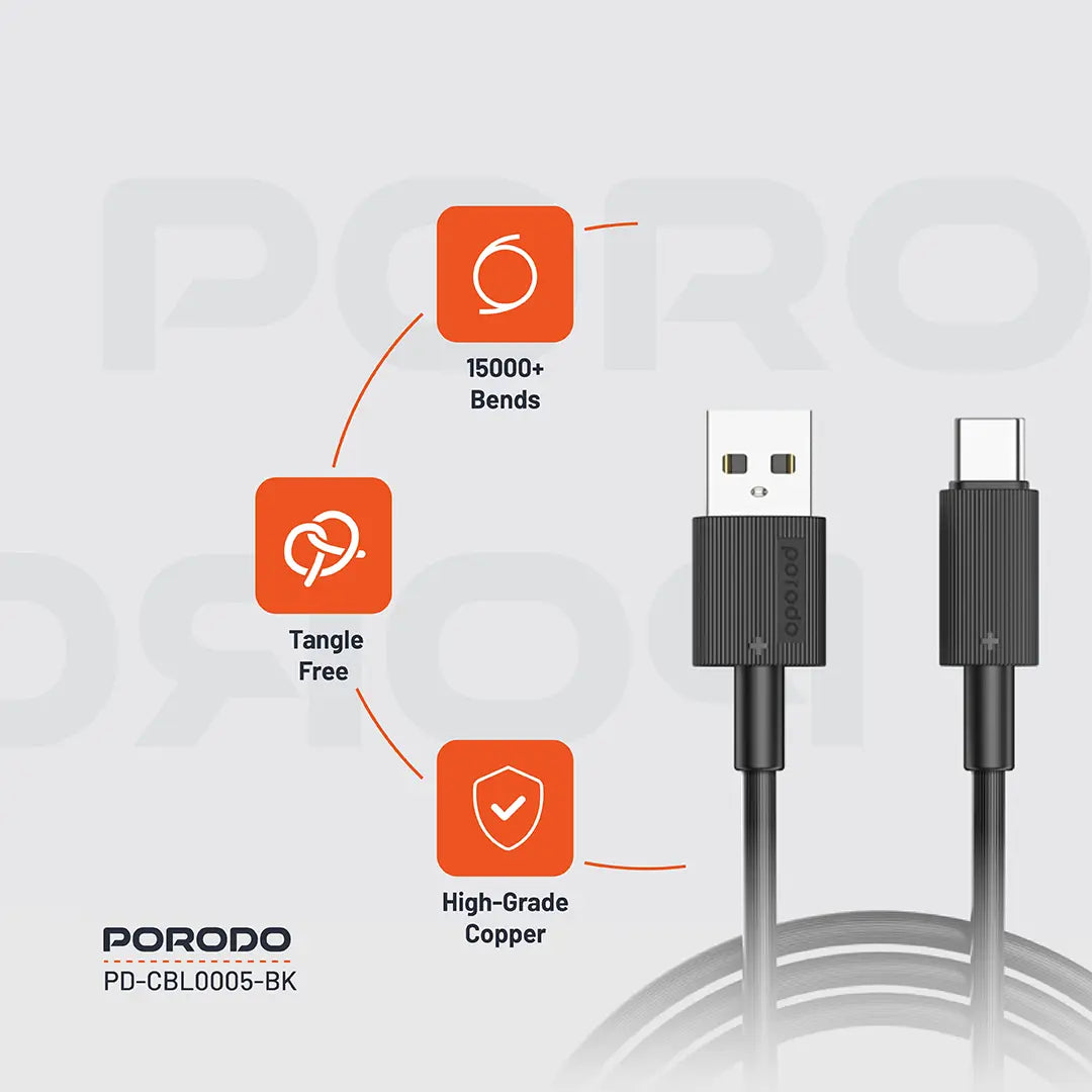 Porodo USB-A to USB-C Durable Charging Cable - PDCBL0005BK