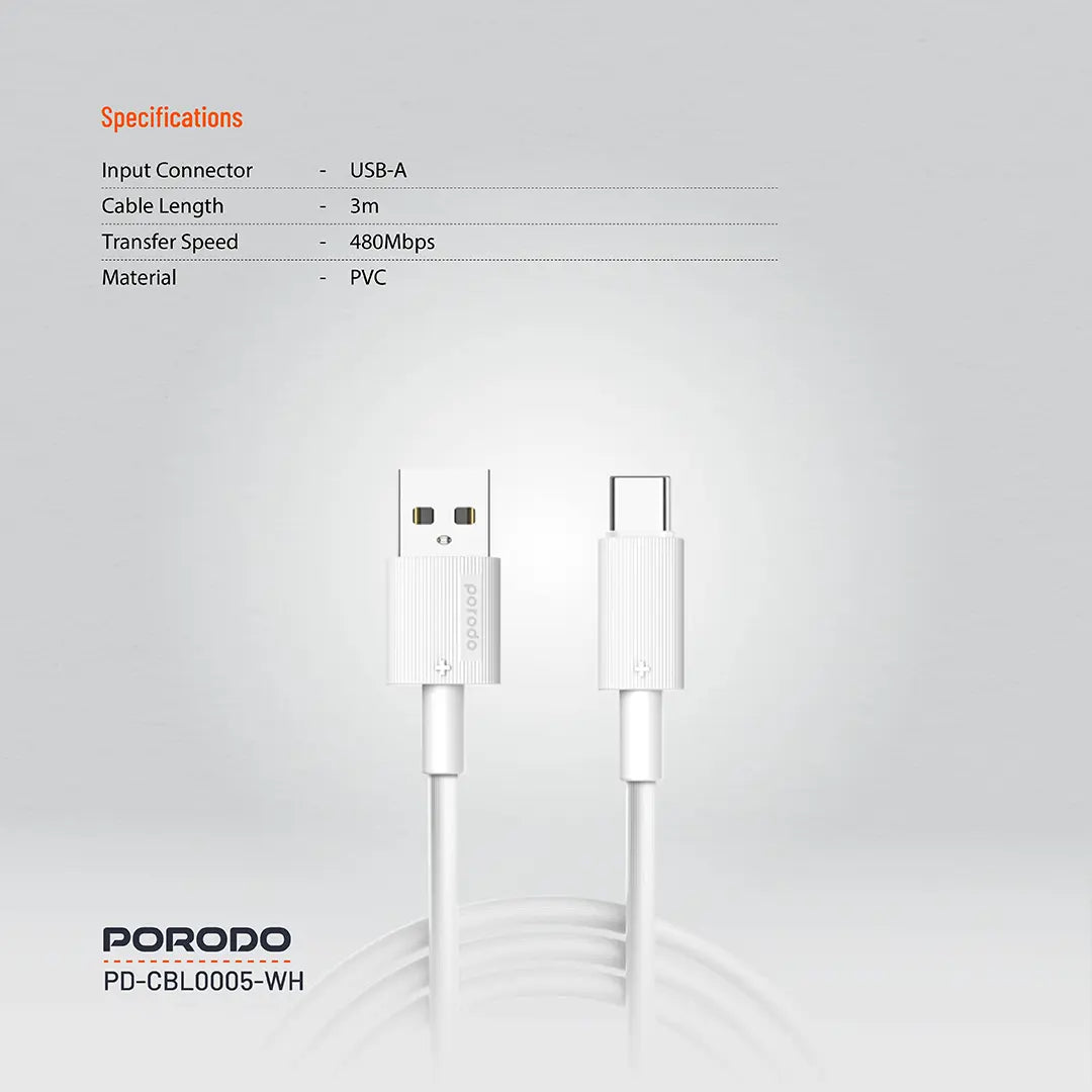 Porodo USB-A to USB-C Durable Charging Cable - PDCBL0005BK