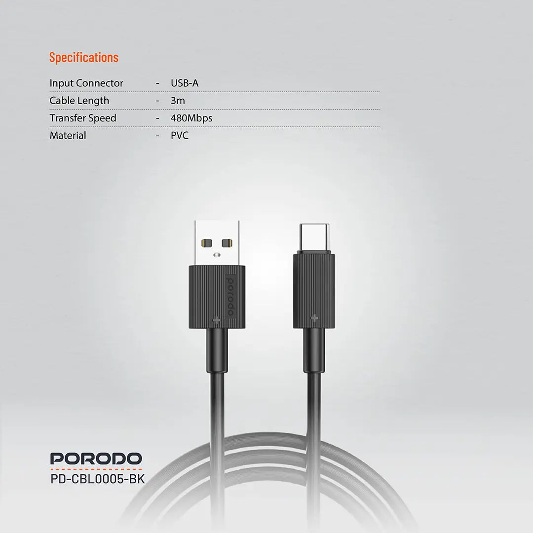 Porodo USB-A to USB-C Durable Charging Cable - PDCBL0005BK