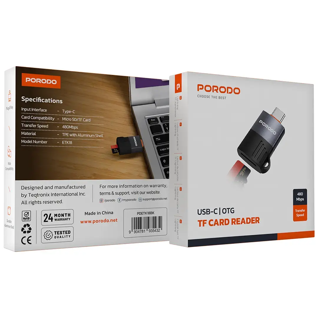 Porodo USB-C | OTG TF Card Reader - PDETK18BK