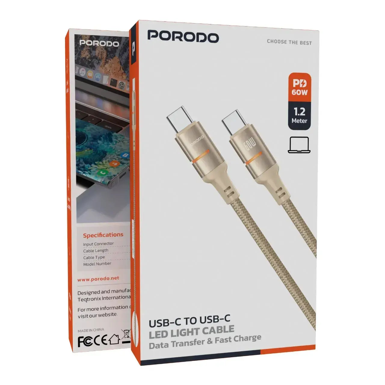 Porodo USB-C To USB-C LED Light Cable - PDCBL0028GYC