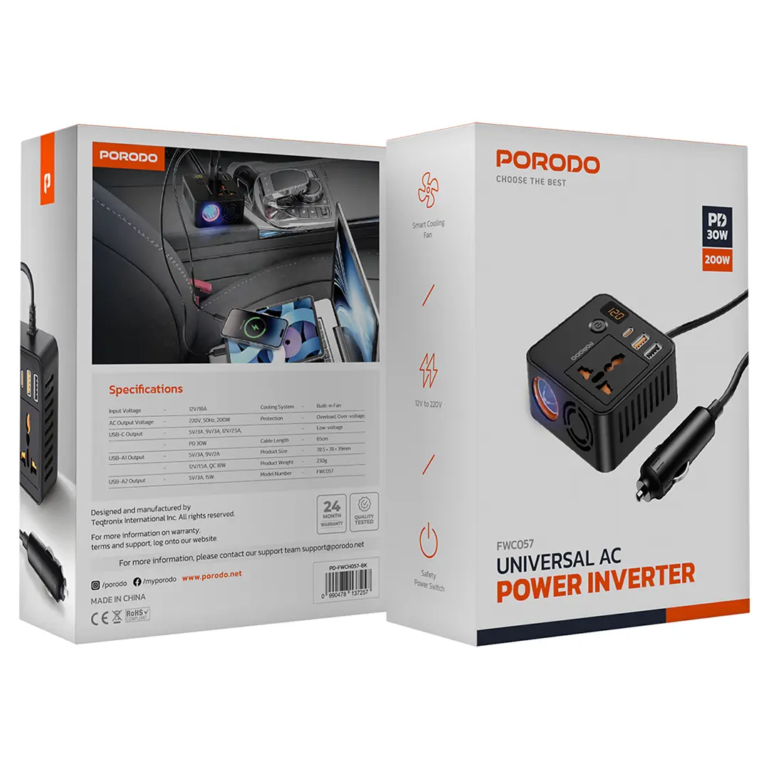 Porodo Universal Ac Power Inverter - PD-FWCH057-BK