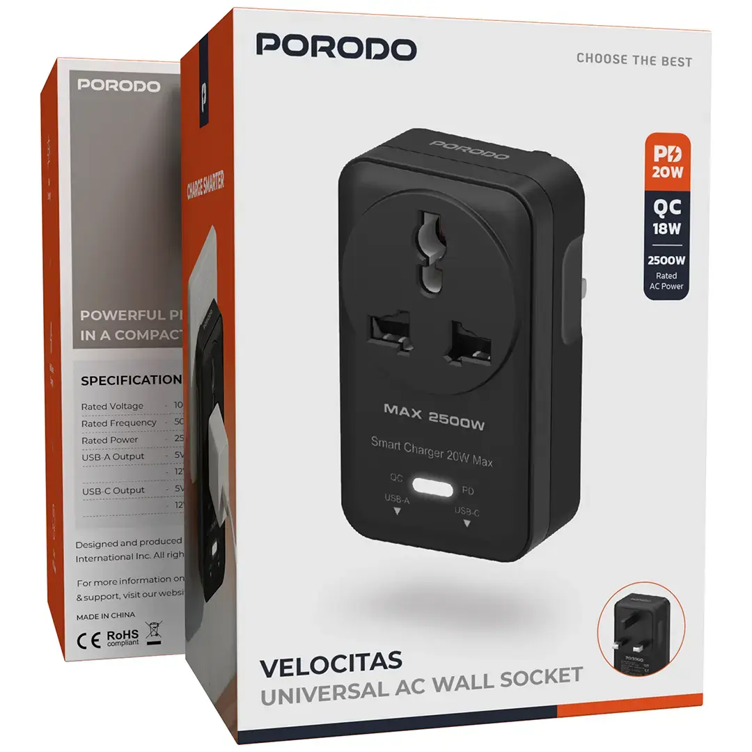 Porodo Velocitas Universal AC Wall Socket - PDUKAUN01DBK