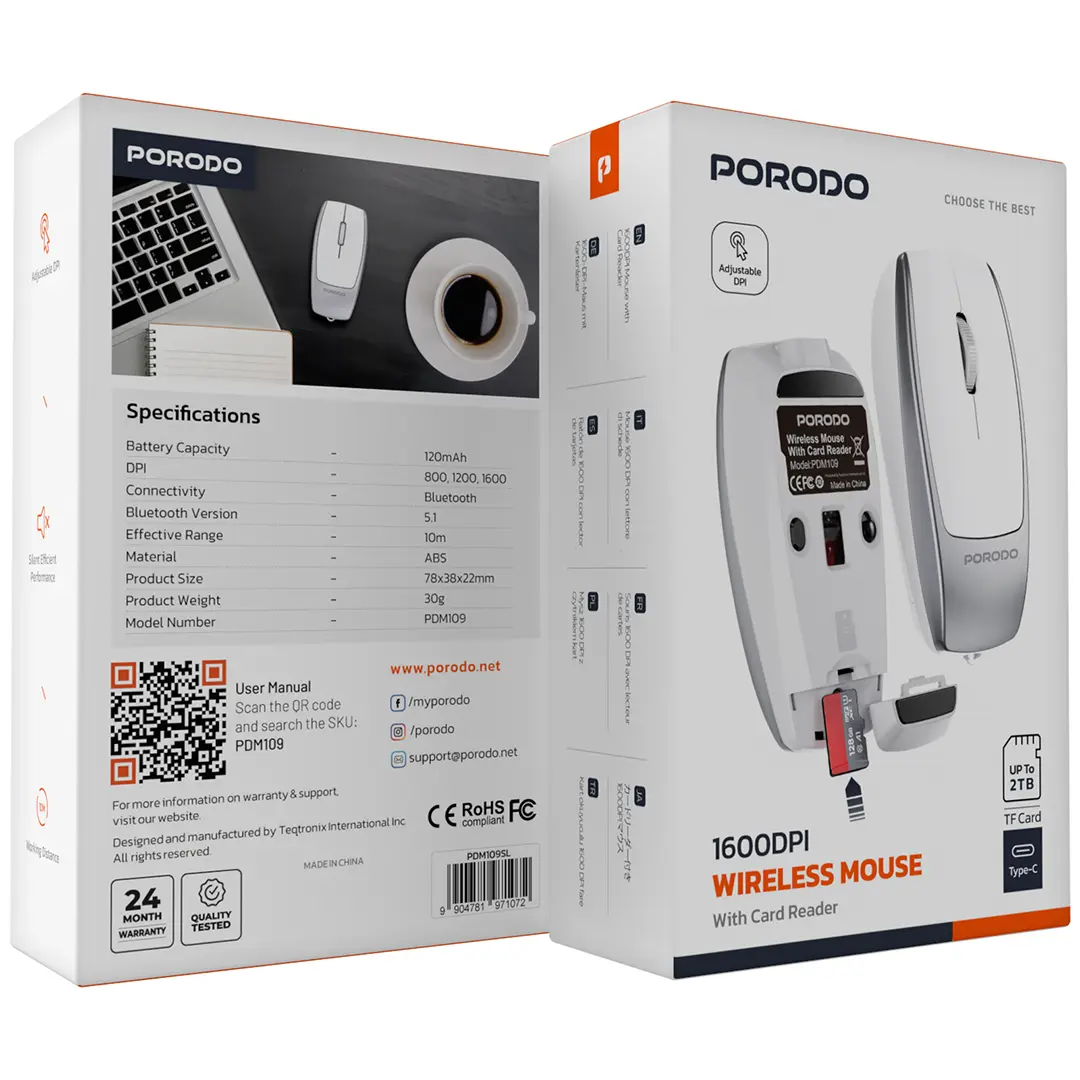 Porodo Wireless Mouse 1600DPI with Card Reader - PDM109SL