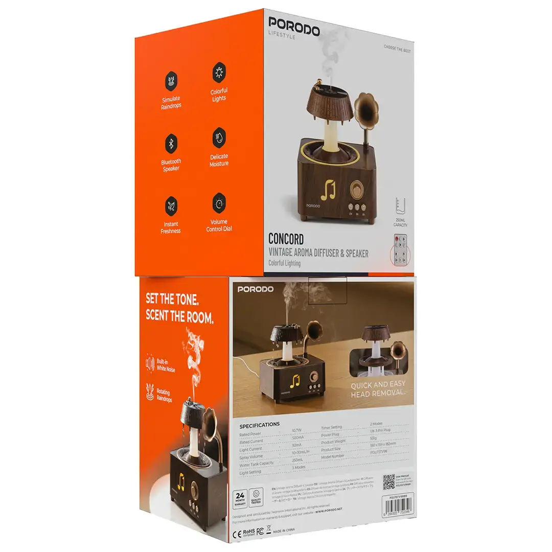 Porodo lifestyle concord Vintage Aroma Diffuser & Speaker - PDLFSTV98BR
