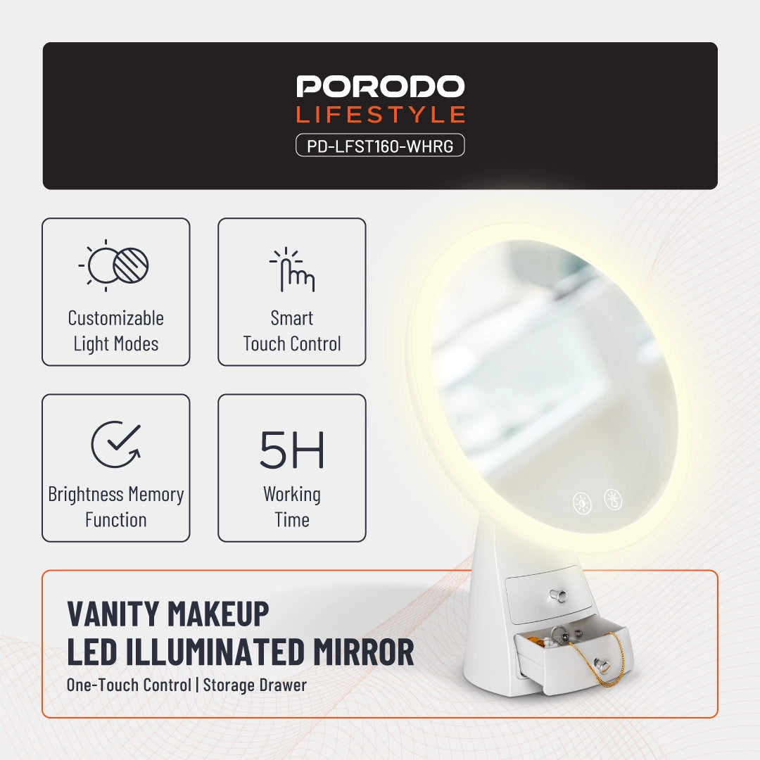 Porodo Lifestyle Vanity Makeup LED Illuminated Mirror - PD-LFST160-WHRG