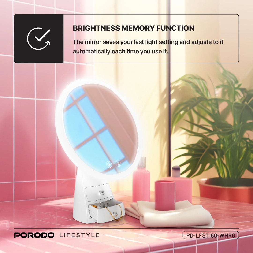 Porodo Lifestyle Vanity Makeup LED Illuminated Mirror - PD-LFST160-WHRG
