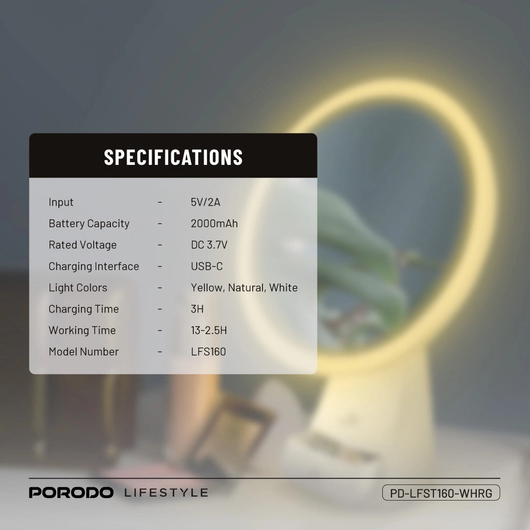 Porodo Lifestyle Vanity Makeup LED Illuminated Mirror - PD-LFST160-WHRG