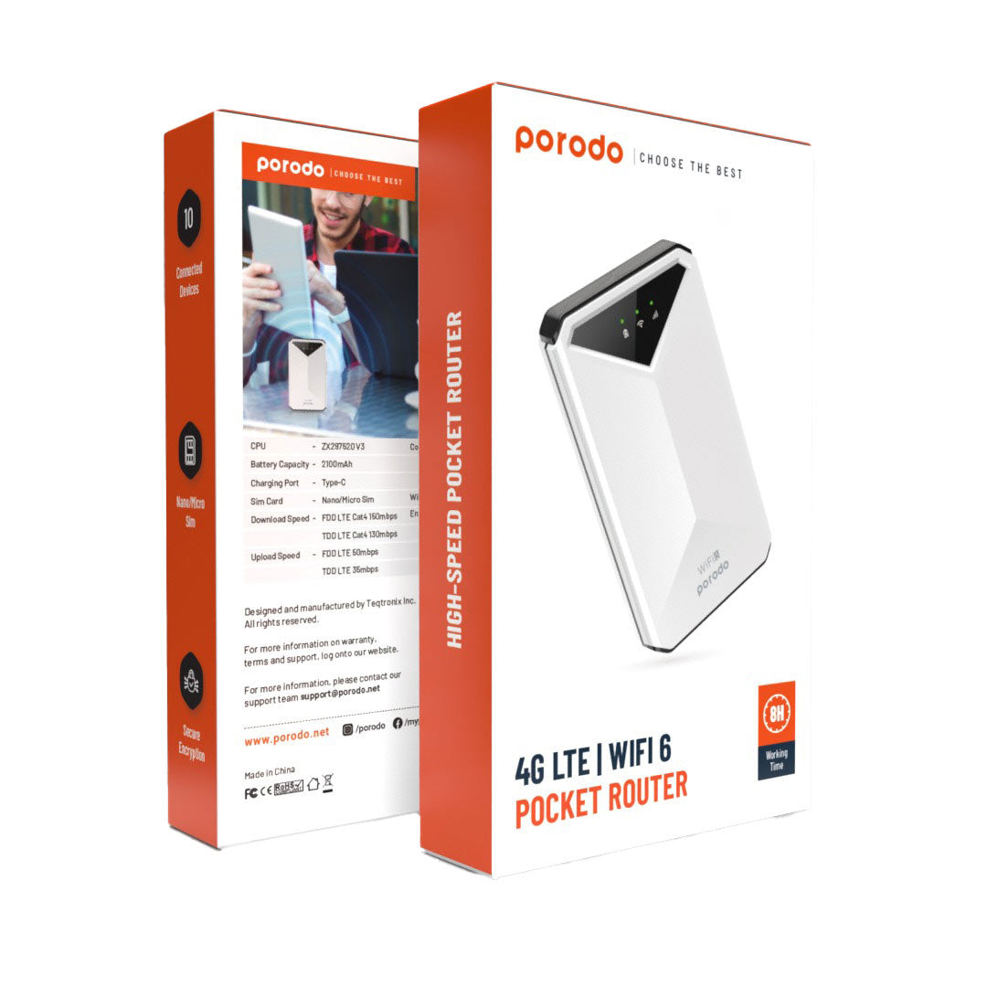 Porodo 4G LTE & Wifi 6 Pocket Router - PD-PT4GRWD-WH